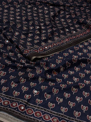 Midnight Blue Ajrakh Mirror Printed  Satin Saree