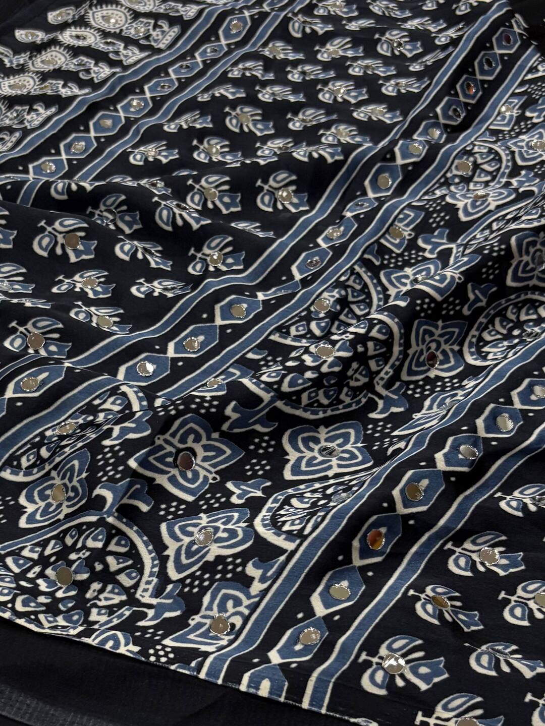 Black Ajrakh Mirror Printed  Satin Saree