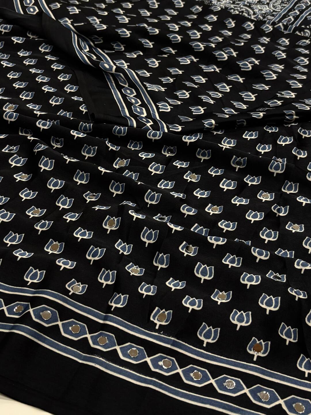 Black Ajrakh Mirror Printed  Satin Saree