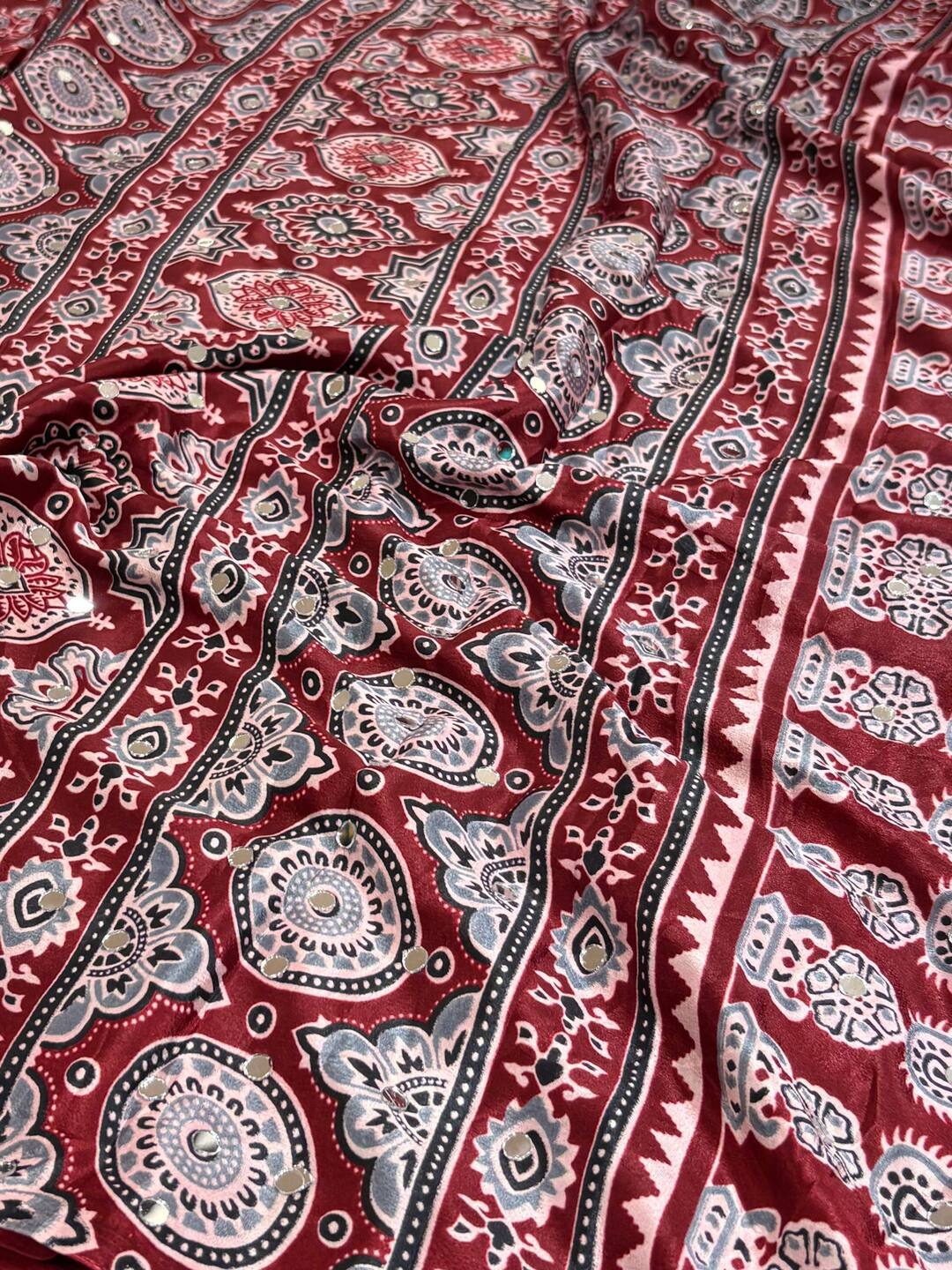 Dark Red Ajrakh Mirror Printed  Satin Saree