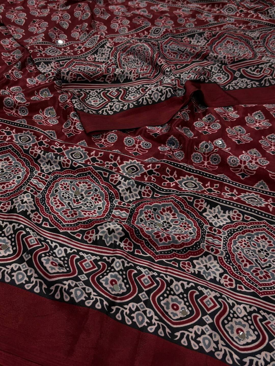 Dark Red Ajrakh Mirror Printed  Satin Saree
