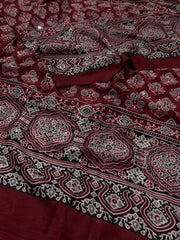 Dark Red Ajrakh Mirror Printed  Satin Saree
