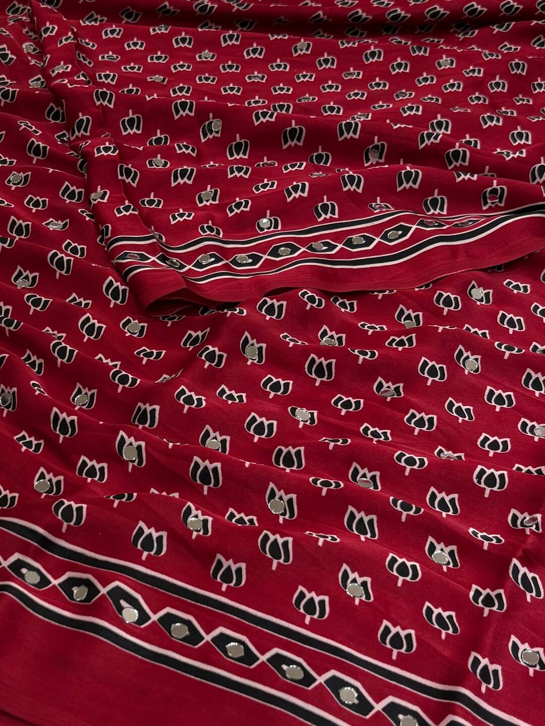 Dark Red Ajrakh Mirror Printed  Satin Saree
