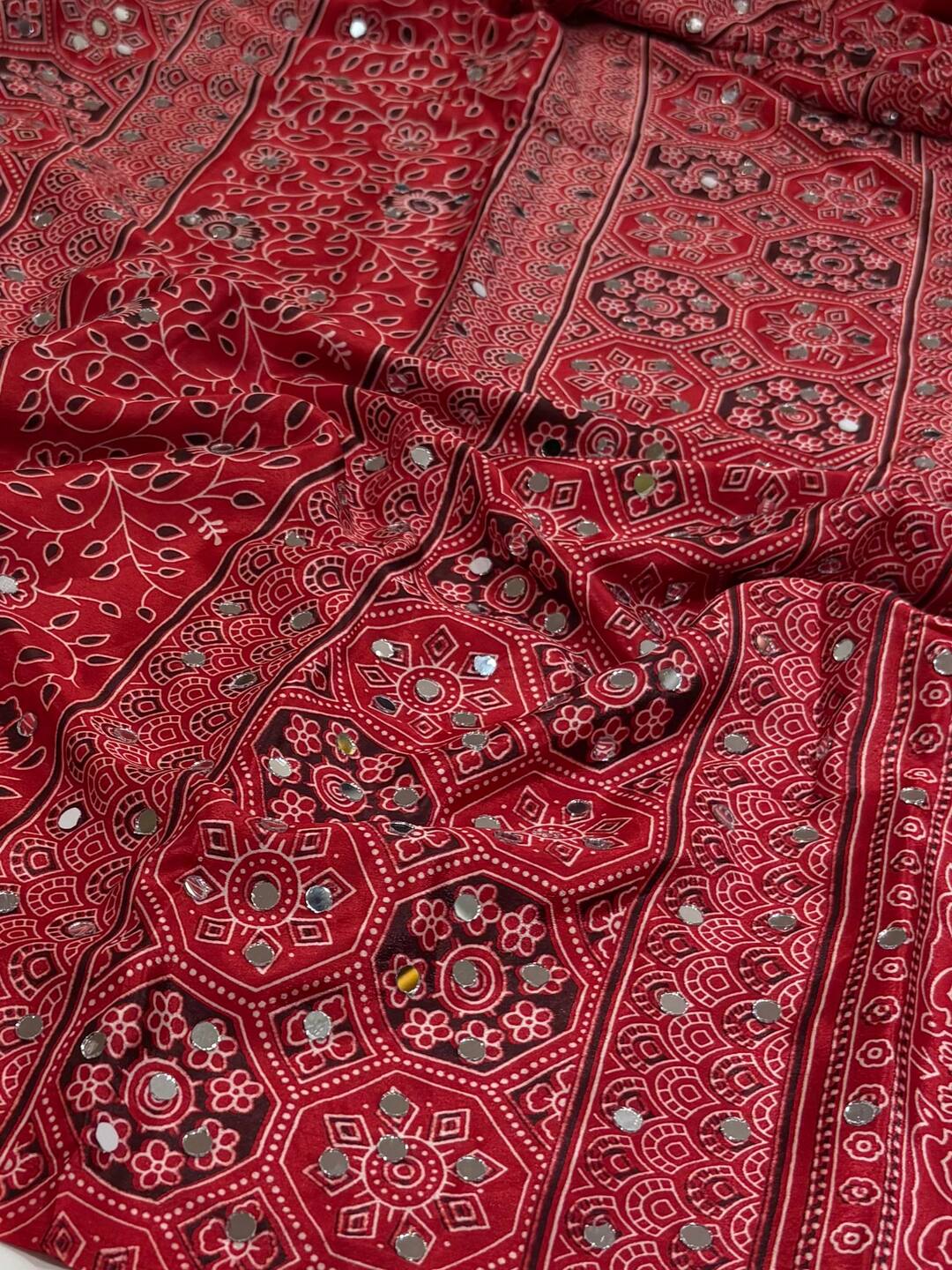Chili Red Ajrakh Mirror Printed  Satin Saree