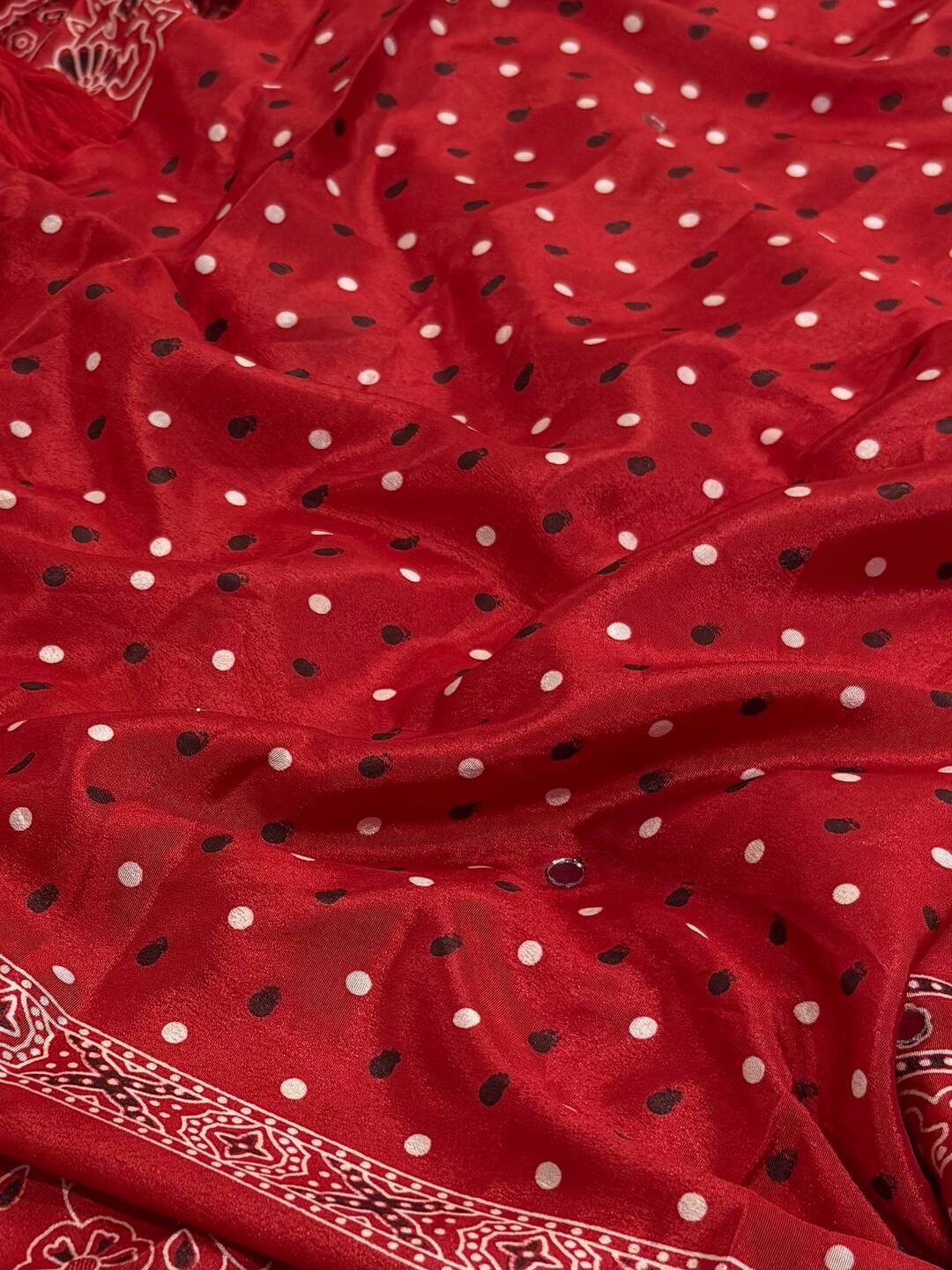 Chili Red Ajrakh Mirror Printed  Satin Saree