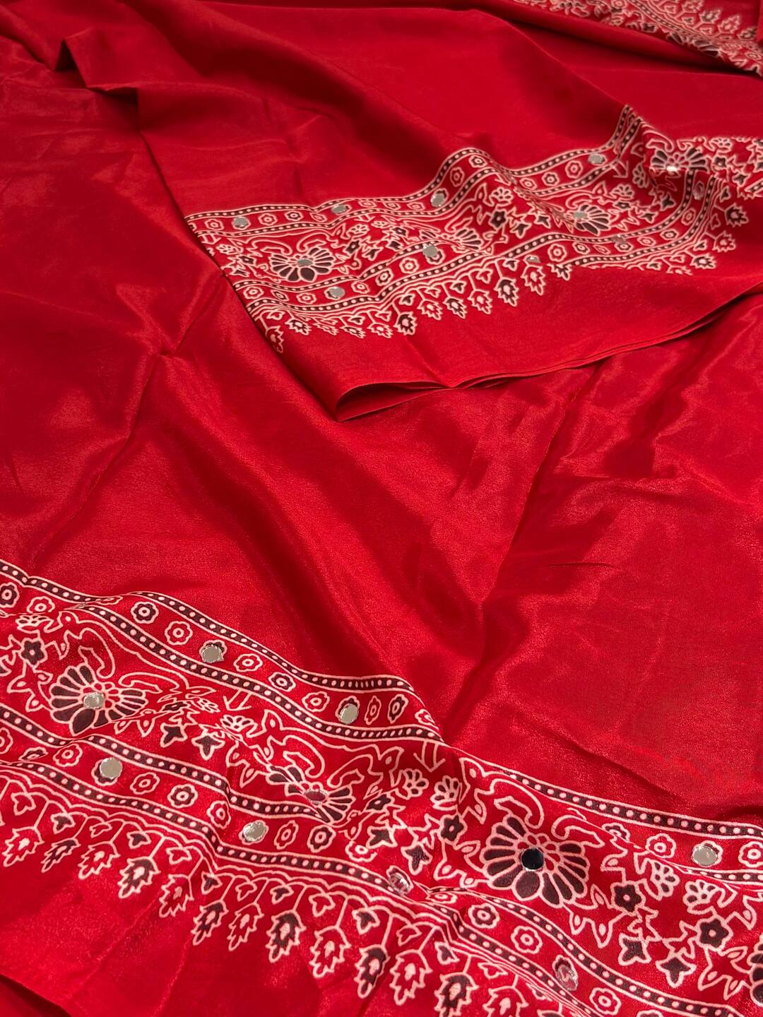 Chili Red Ajrakh Mirror Printed  Satin Saree