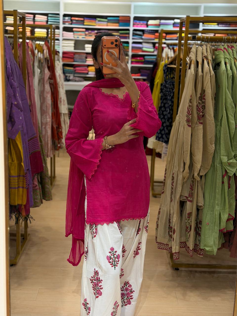 Hot Pink Cotton Farshi 3pcs Suit