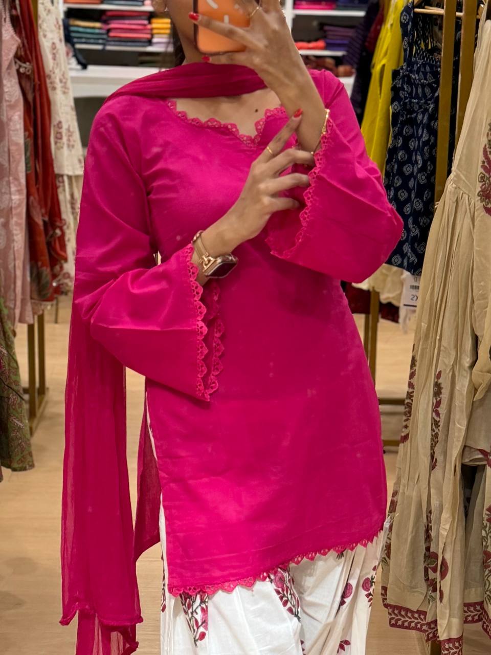 Hot Pink Cotton Farshi 3pcs Suit