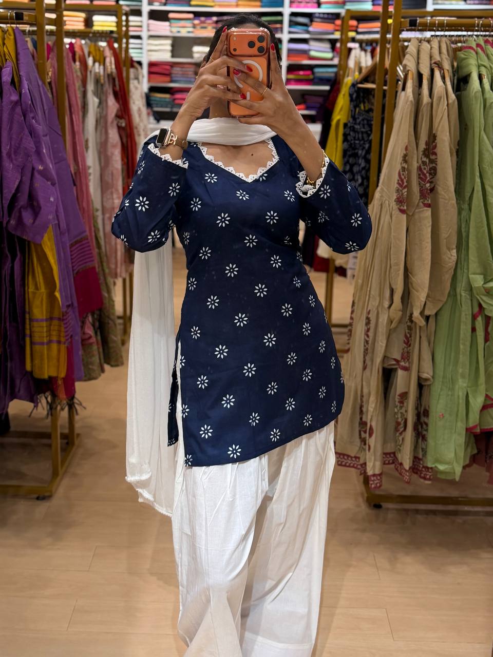 Navy Blue Cotton Farshi 3pcs Suit