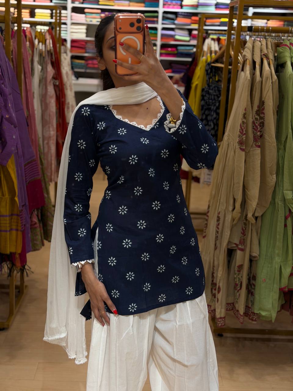 Navy Blue Cotton Farshi 3pcs Suit