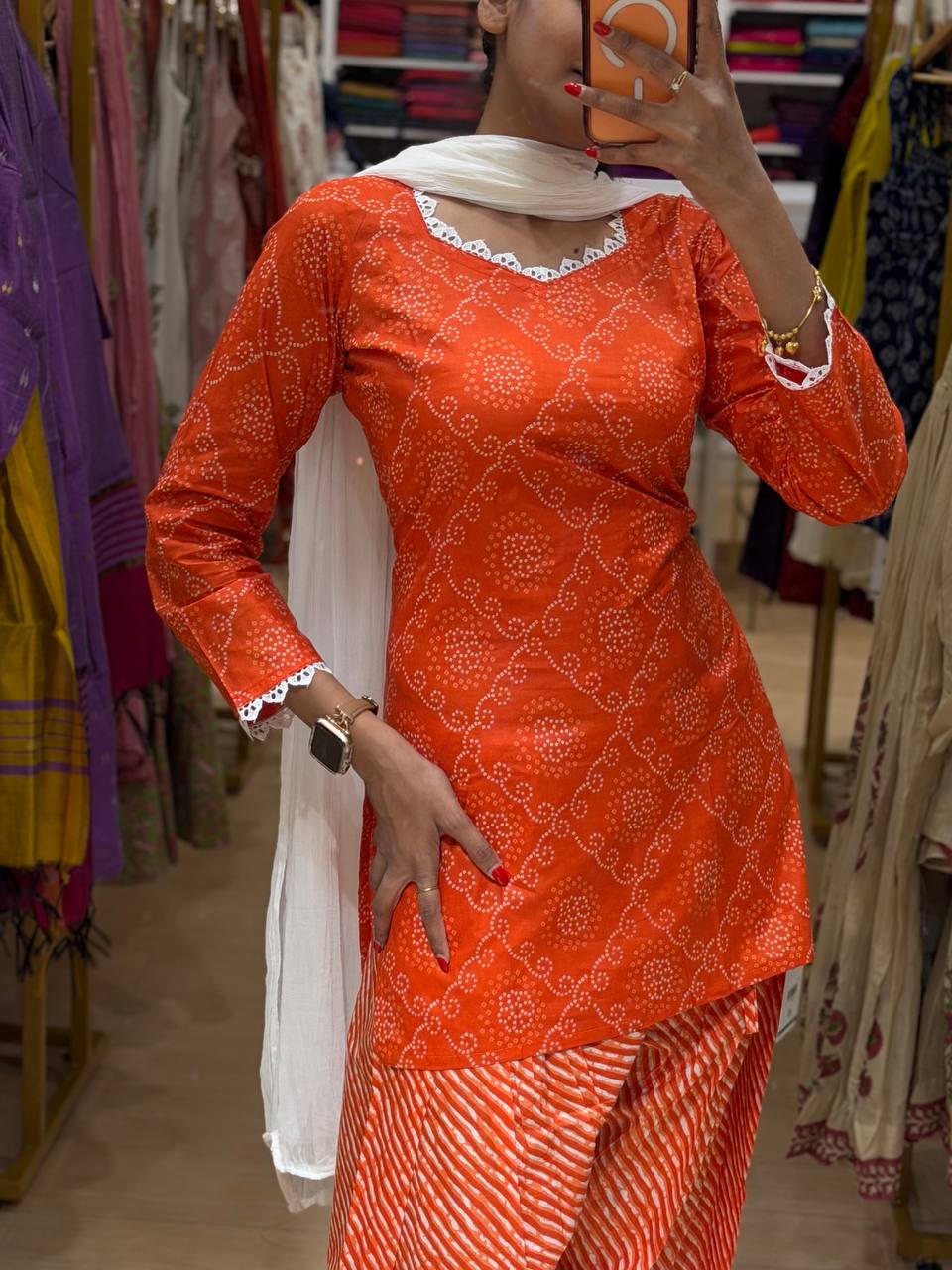 Orange Cotton Farshi 3pcs Suit
