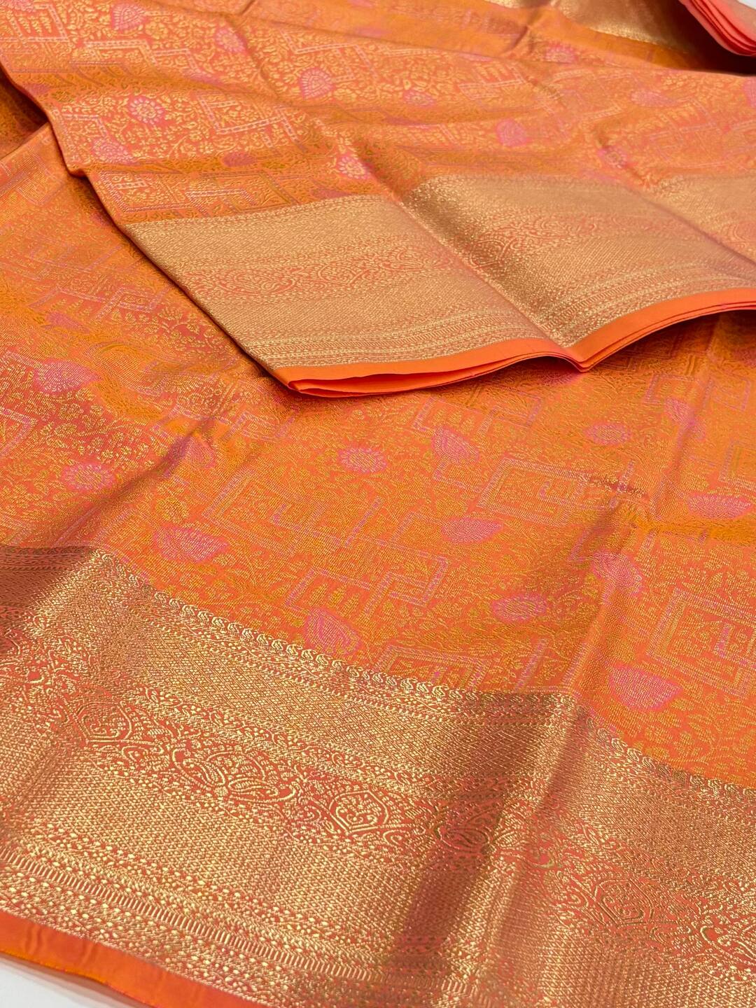 Salmon Orange Semi Kanchi Silk Saree