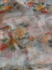White with Orange Organza Georgette saree