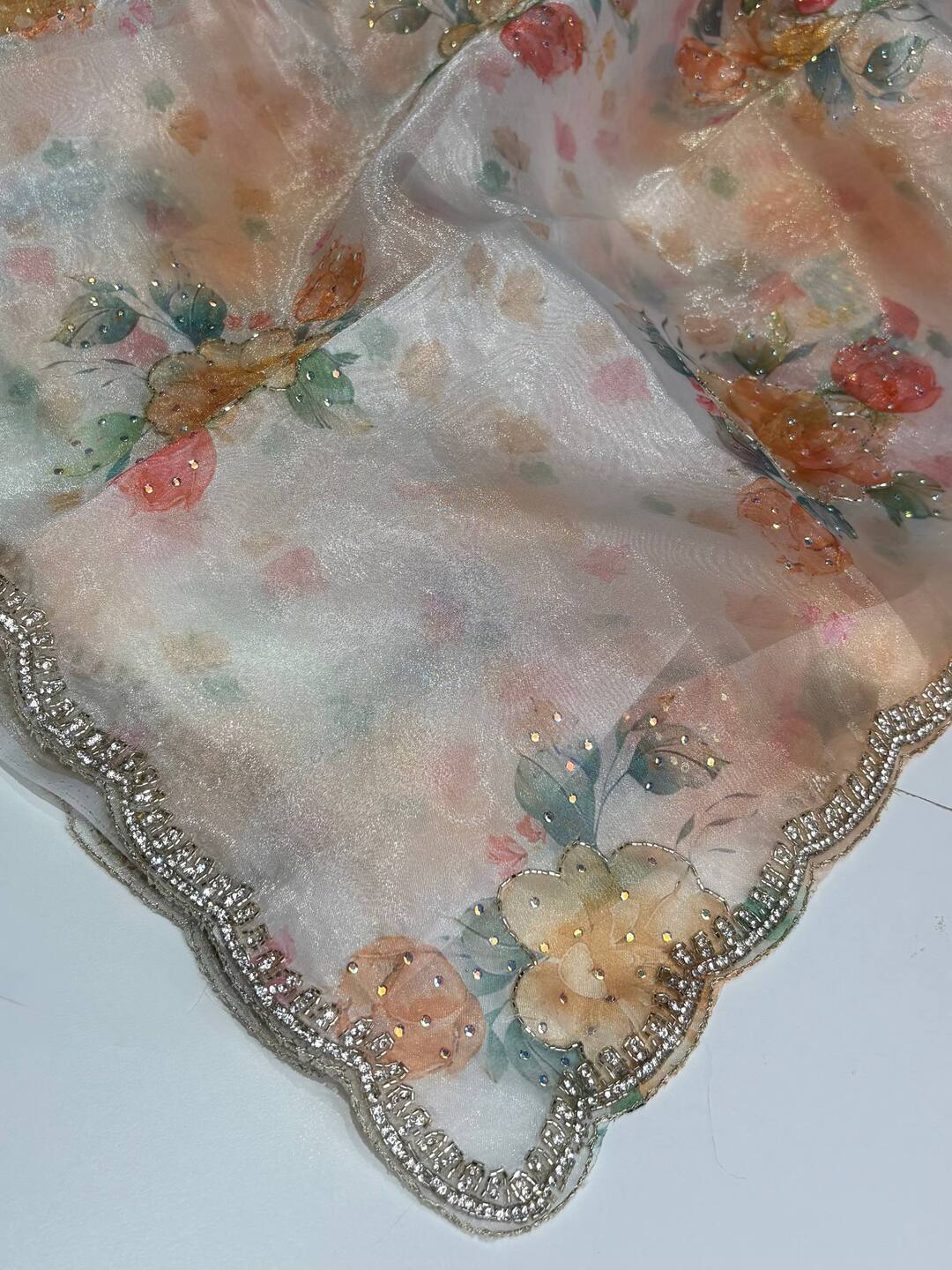 White with Orange Organza Georgette saree