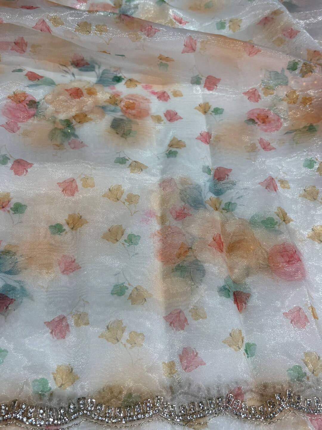 White with Orange Organza Georgette saree
