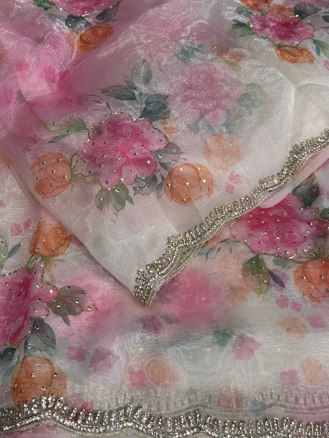 White with Pink Organza Georgette saree