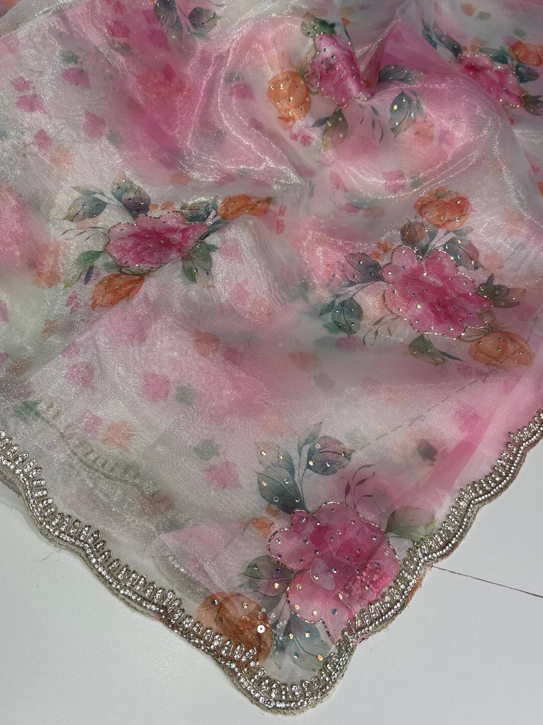 White with Pink Organza Georgette saree