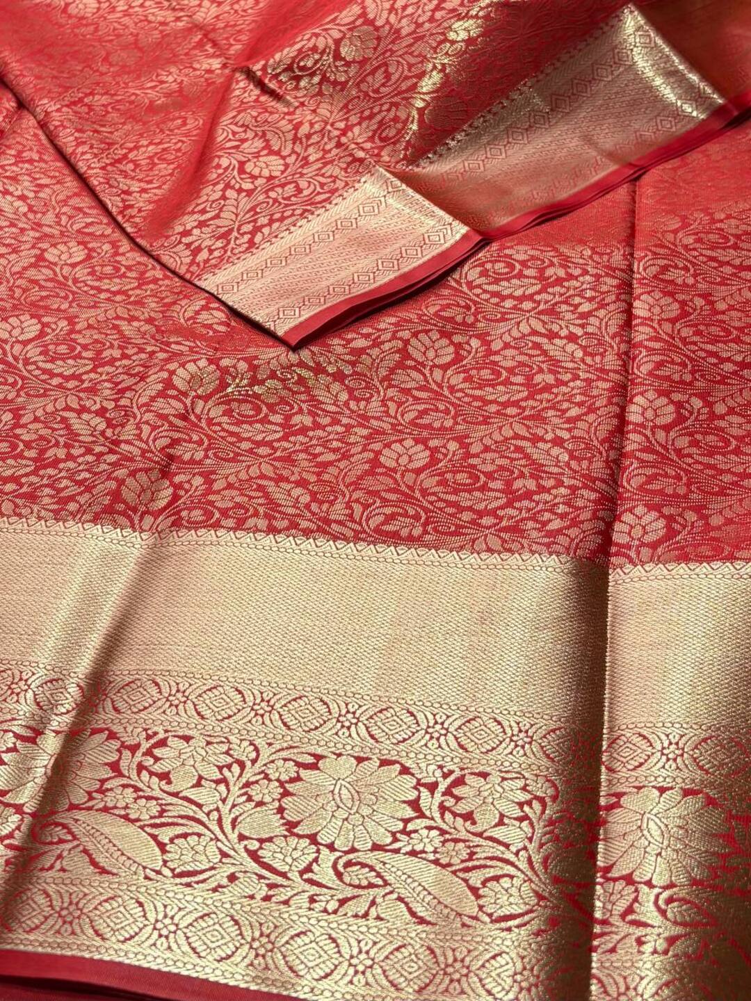 Chill Red With Copper Border Semi Kanchipuram Silk Saree