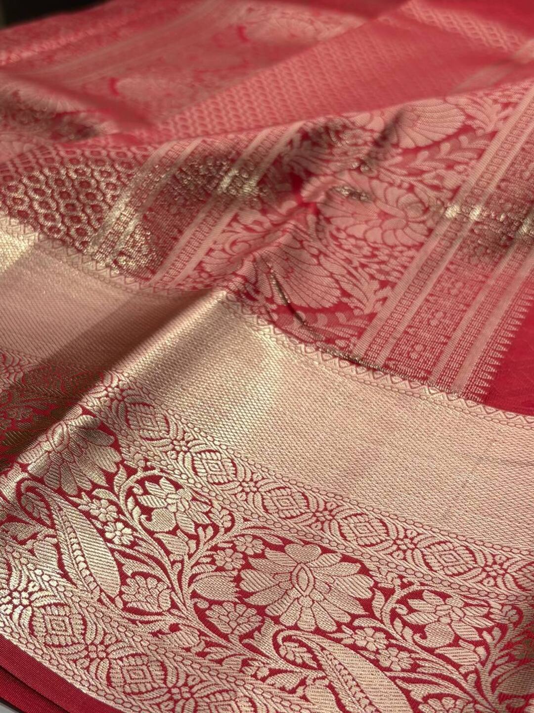Chill Red With Copper Border Semi Kanchipuram Silk Saree