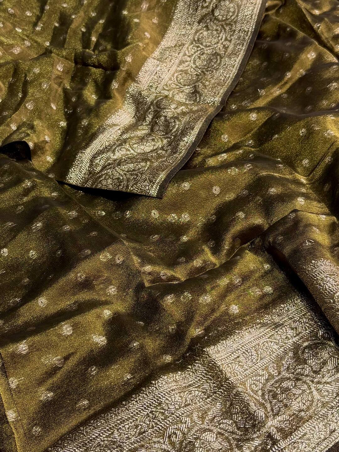 Olive Green Tissue Cotton Silk Saree