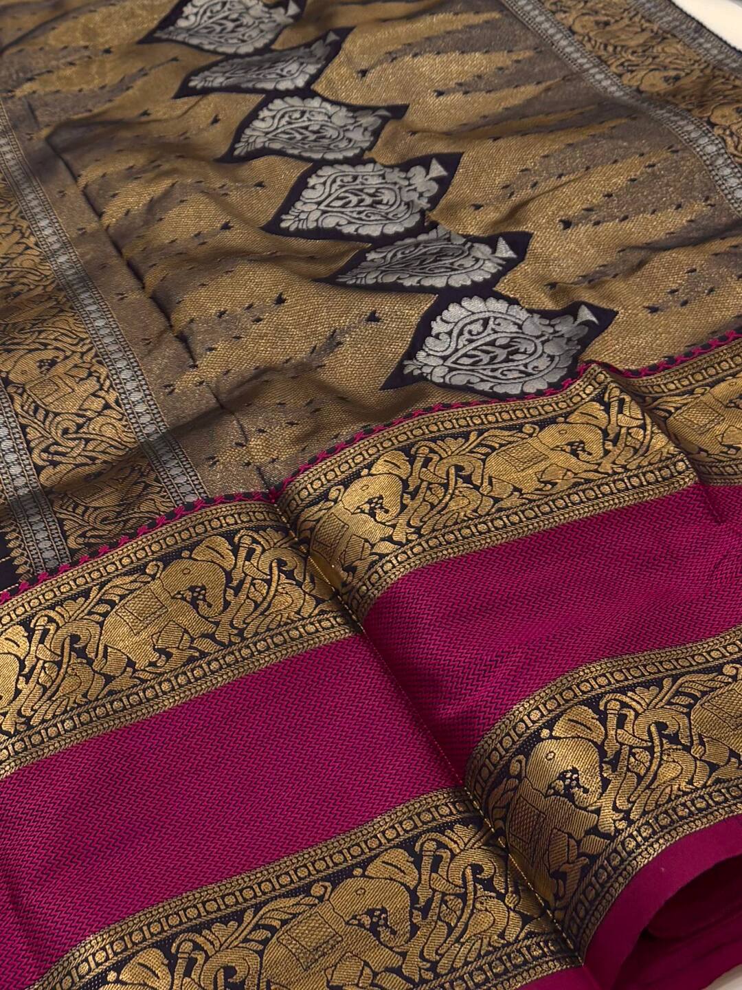 Navy Blue Checked Cotton Silk Saree