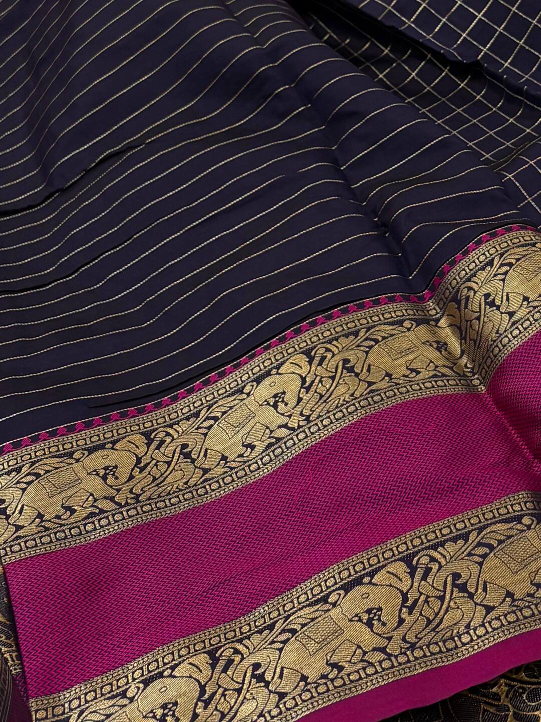 Navy Blue Checked Cotton Silk Saree