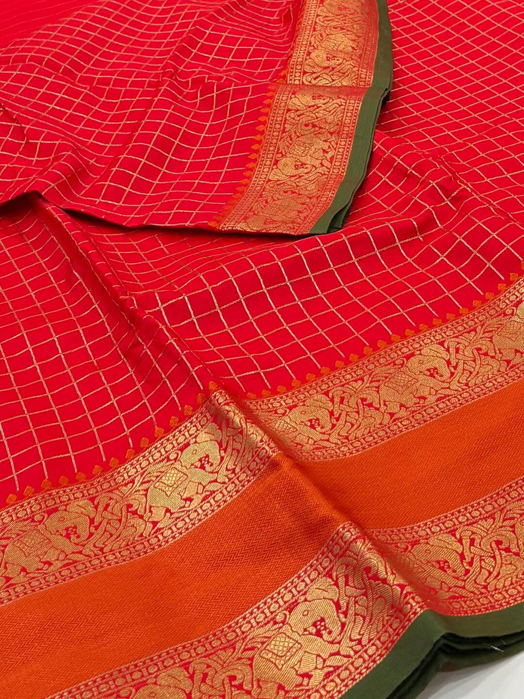 Chili Red Checked Cotton Silk Saree