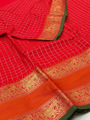Chili Red Checked Cotton Silk Saree