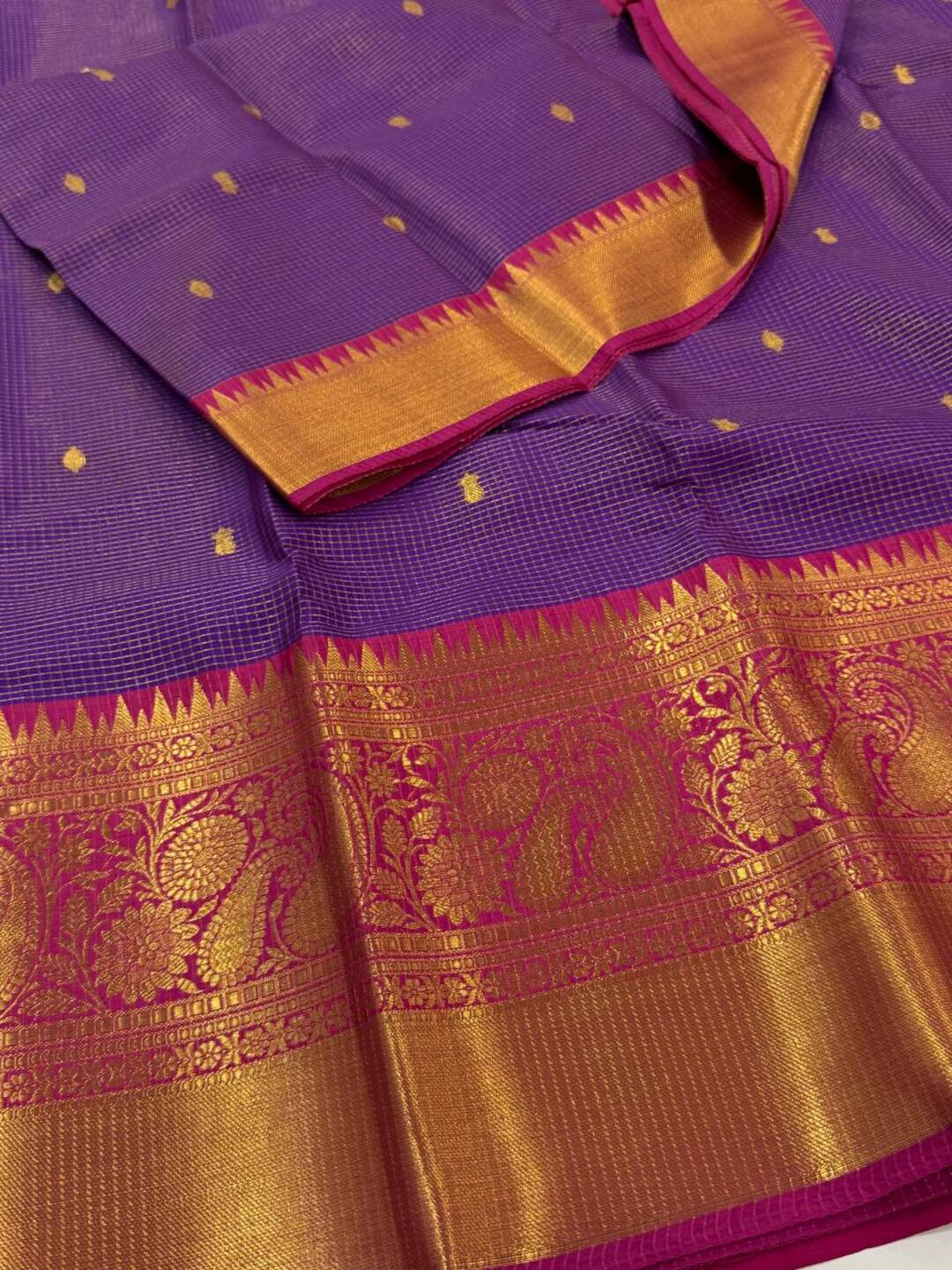 Violet Purple Checked Banaras Cotton Silk Saree
