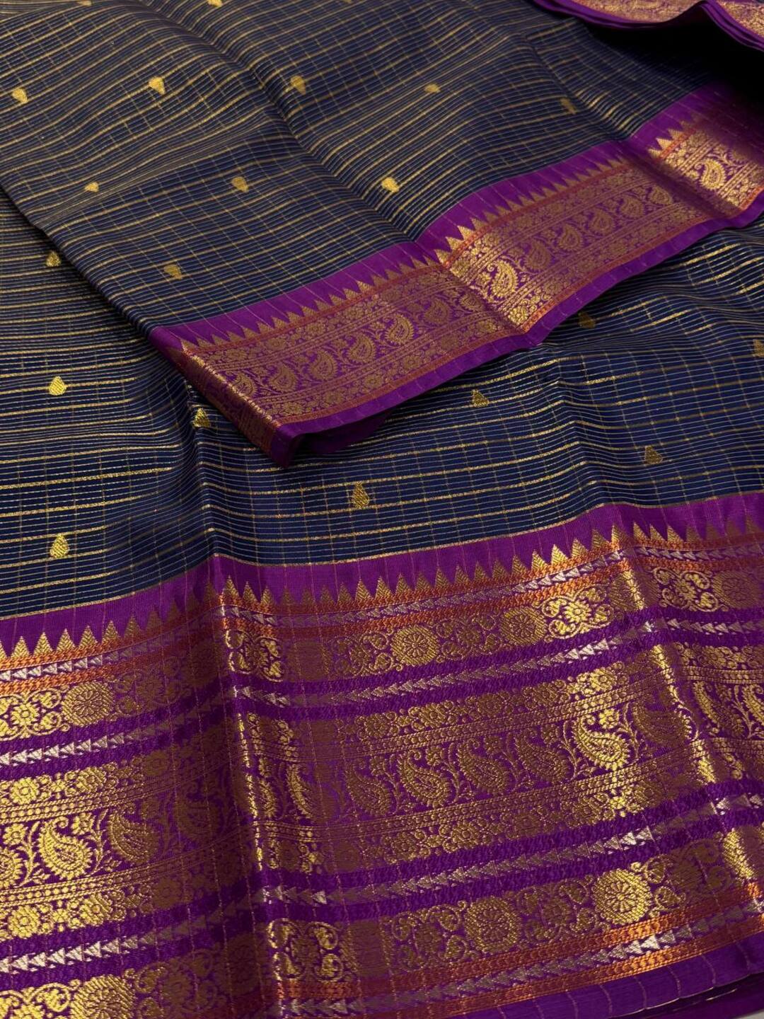 Navy Blue Checked Banaras Cotton Silk Saree