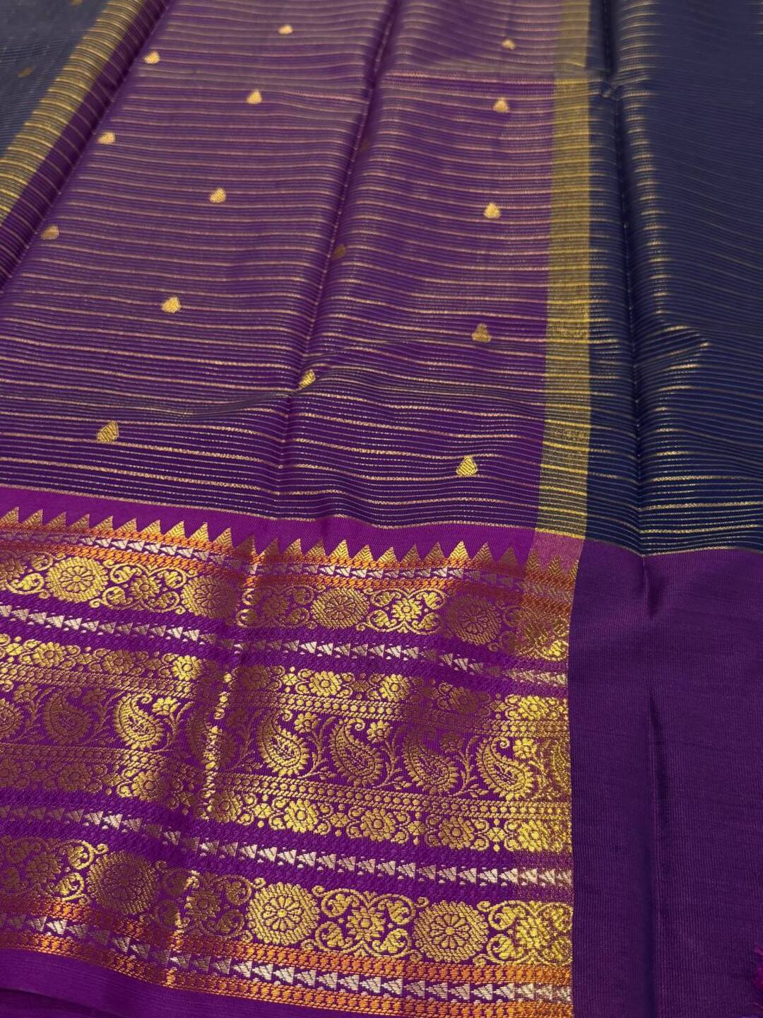 Navy Blue Checked Banaras Cotton Silk Saree