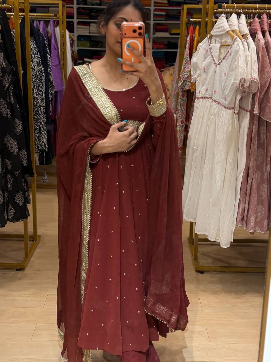 Brown Soft Cotton Anarkali 3pcs Suit