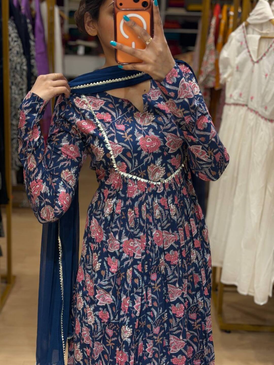 Teal Blue Soft Cotton Anarkali 3pcs Suit