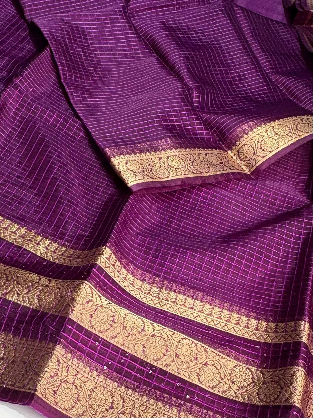Violet Purple Checked Tissue Cotton Saree