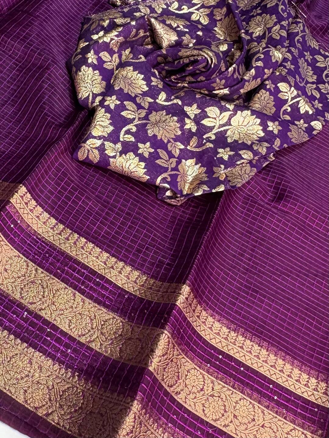 Violet Purple Checked Tissue Cotton Saree