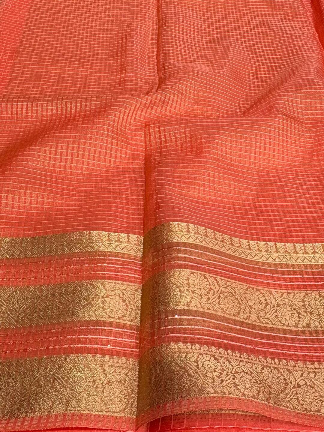 Coral Pink Checked Tissue Cotton Saree