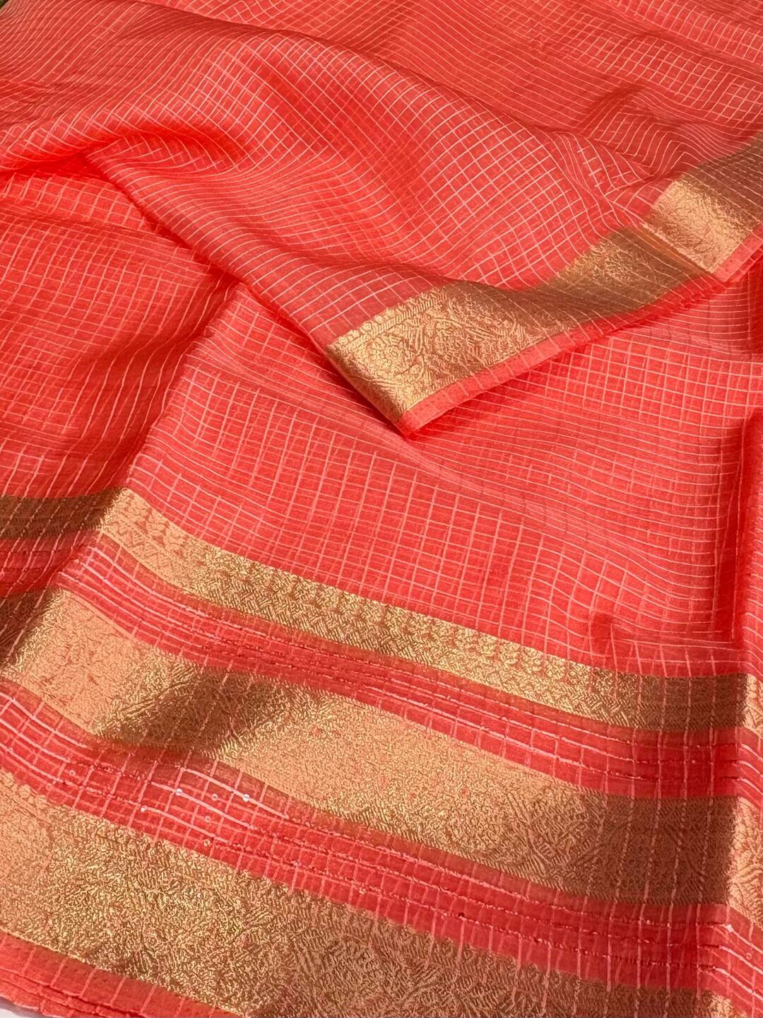 Coral Pink Checked Tissue Cotton Saree