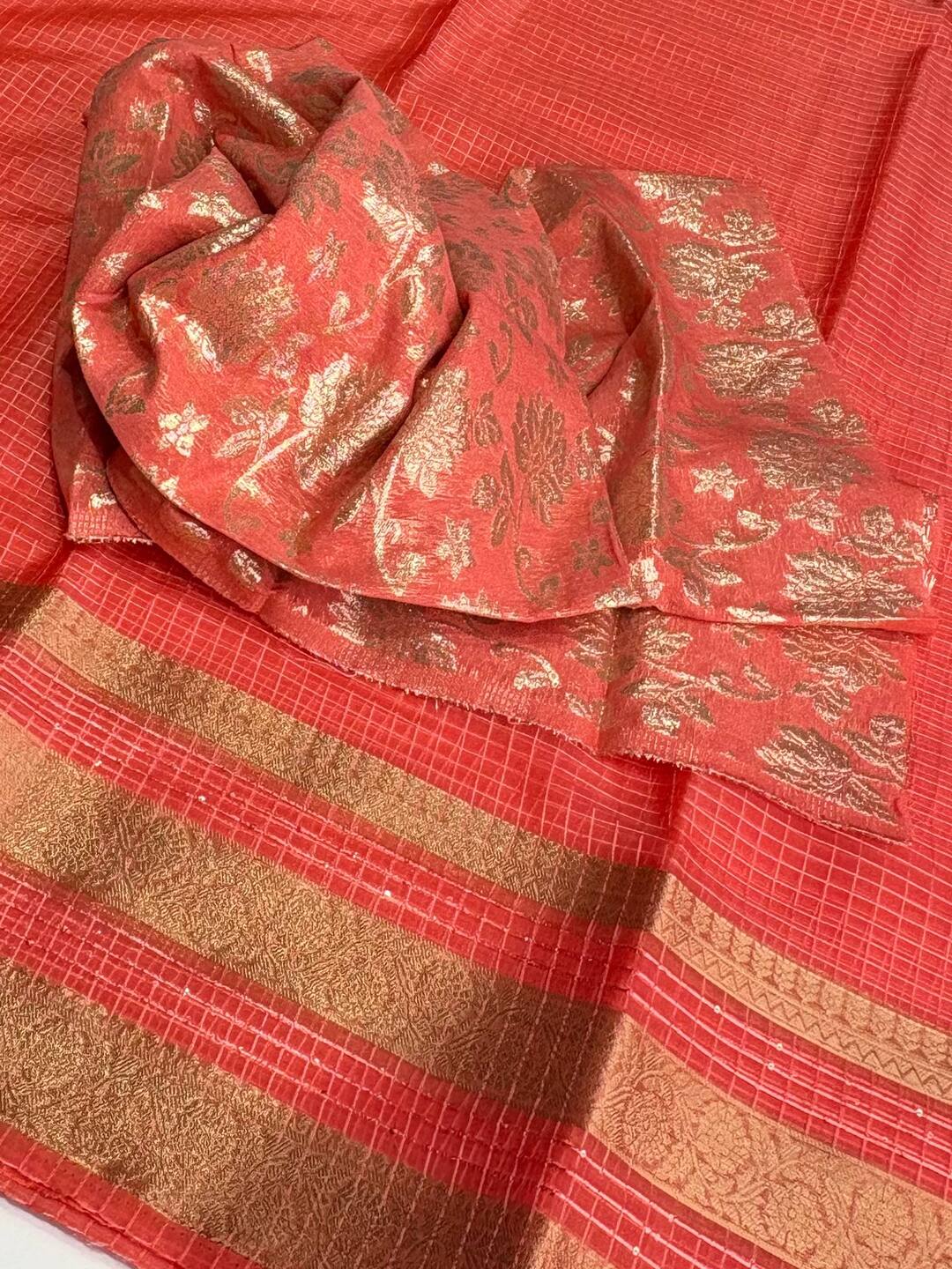Coral Pink Checked Tissue Cotton Saree