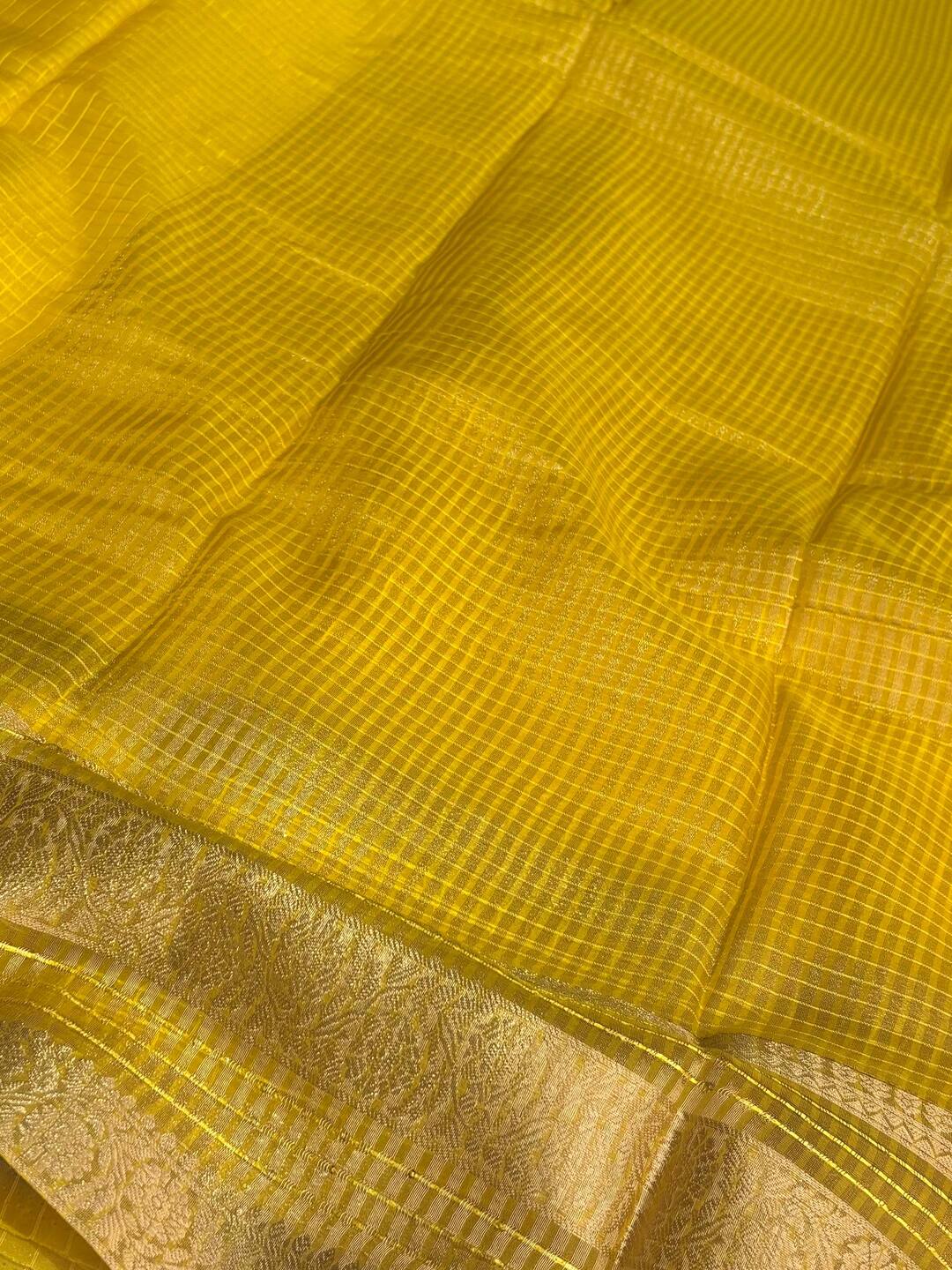 Lime Yellow Checked Tissue Cotton Saree