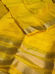 Lime Yellow Checked Tissue Cotton Saree