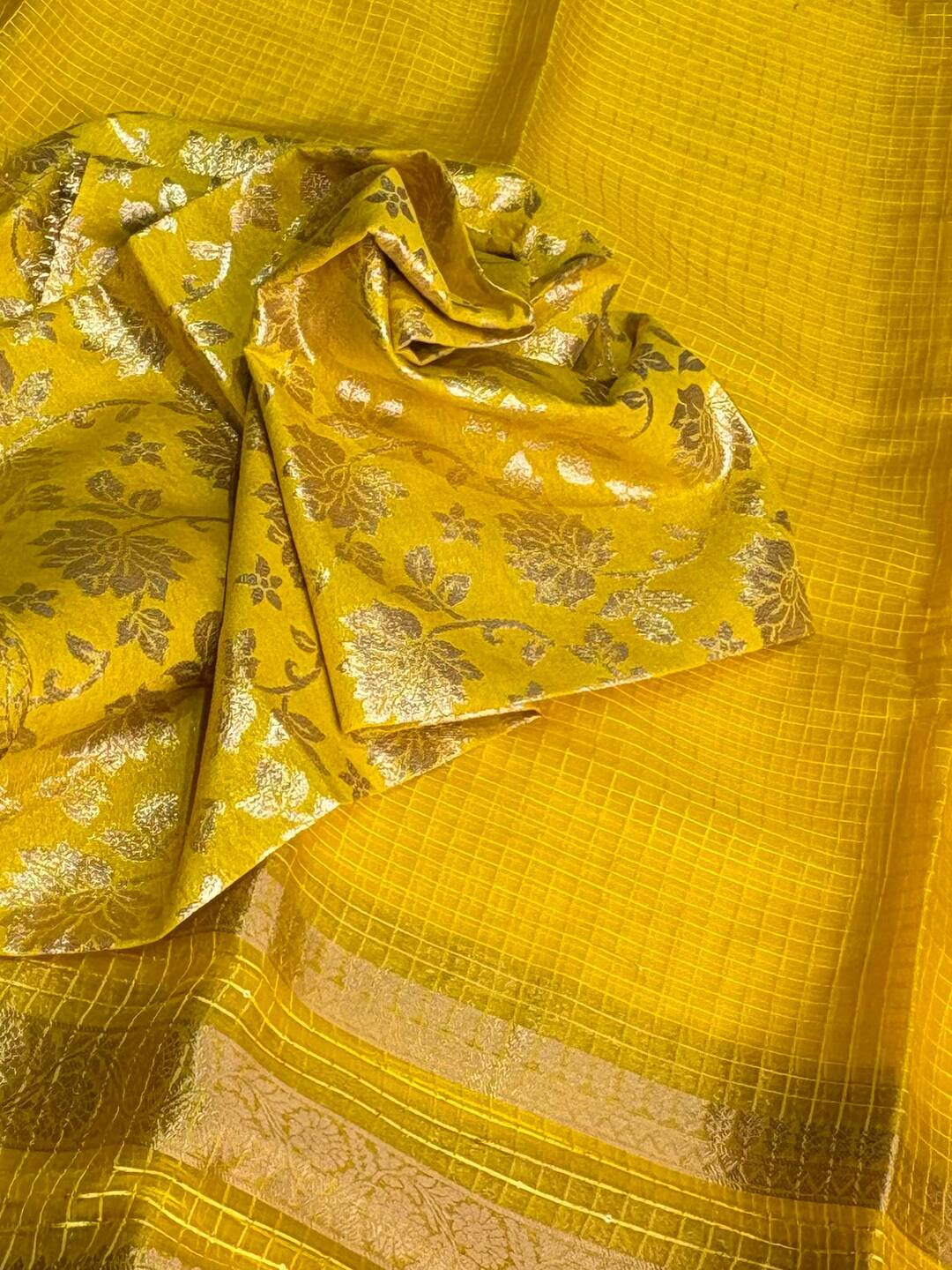 Lime Yellow Checked Tissue Cotton Saree