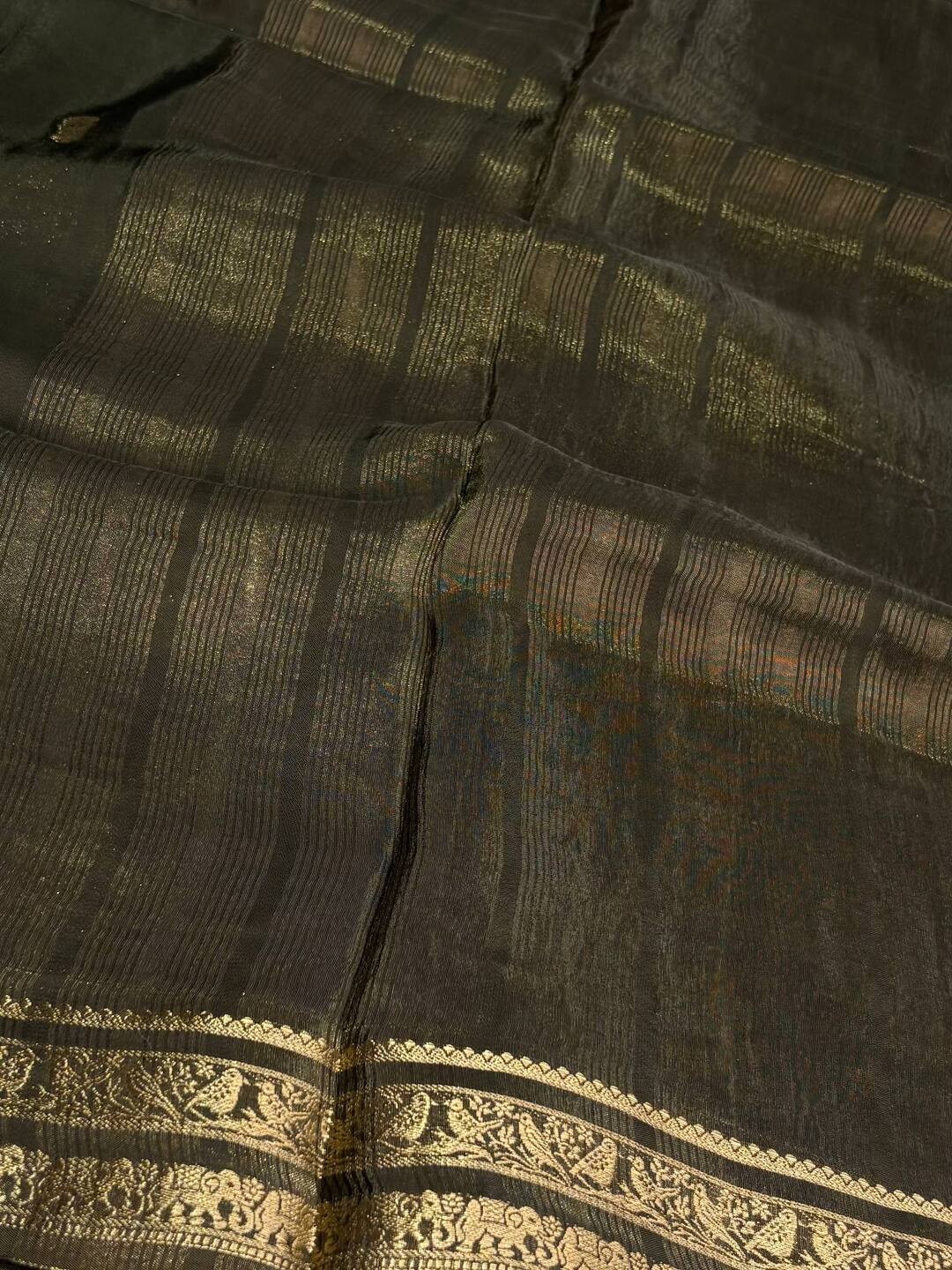 Olive Green Banaras Chiffon Saree