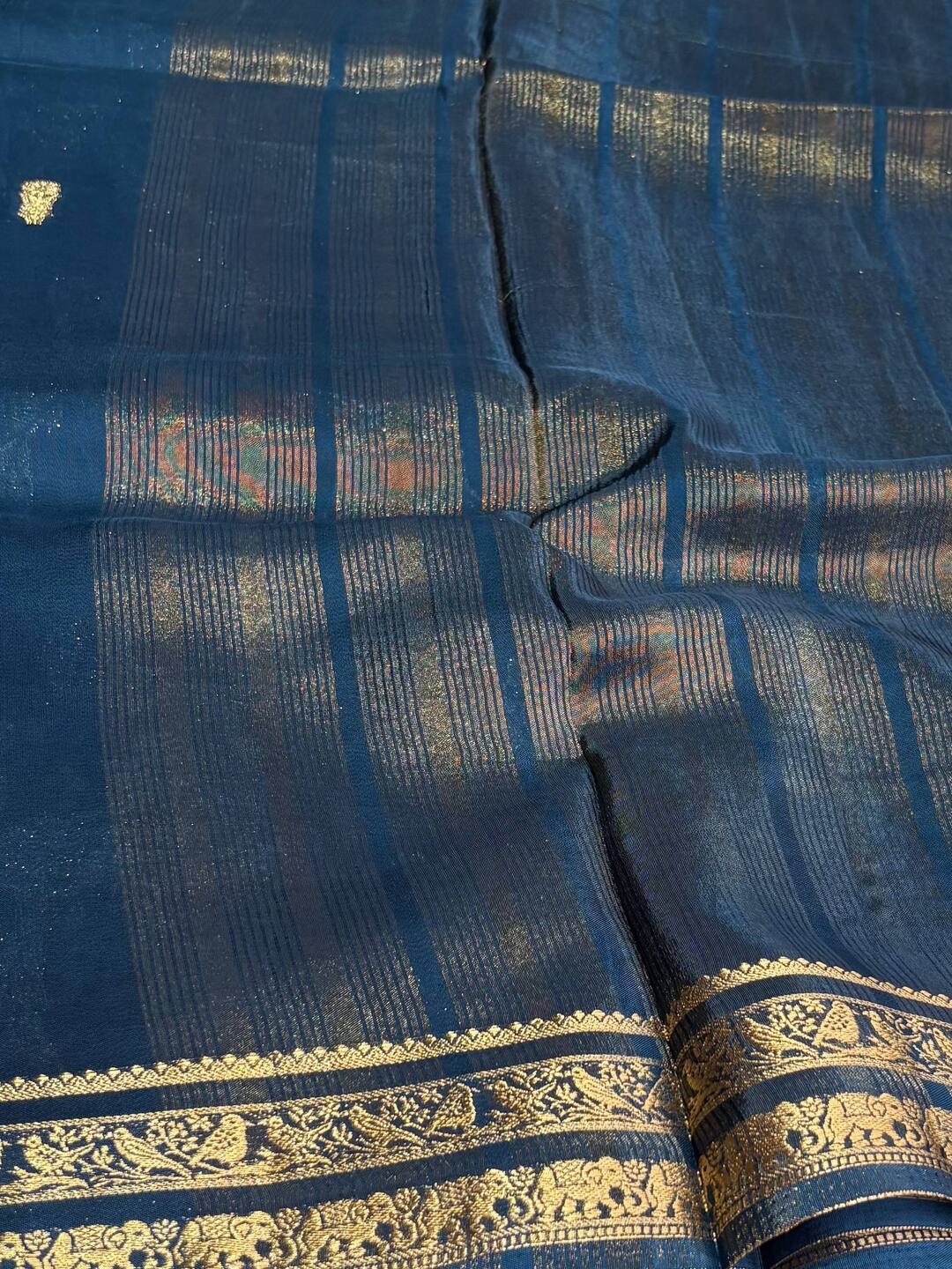 Teal Blue Banaras Chiffon Saree