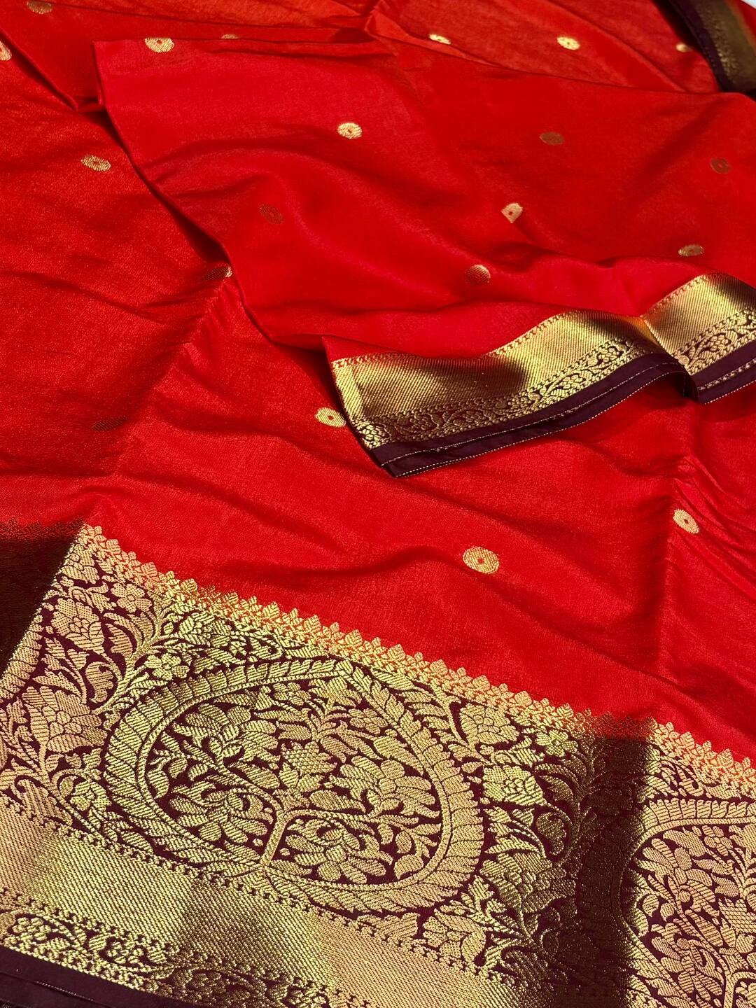 Bright Orange Banaras Cotton Silk Saree