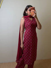 Cherry Red Sleeveless 3pc kurti Suit