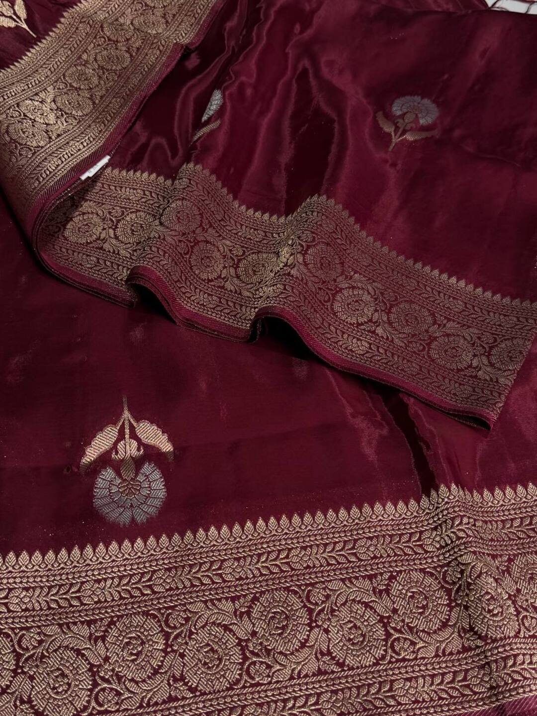 Burgundy Banaras Satin Silk Saree