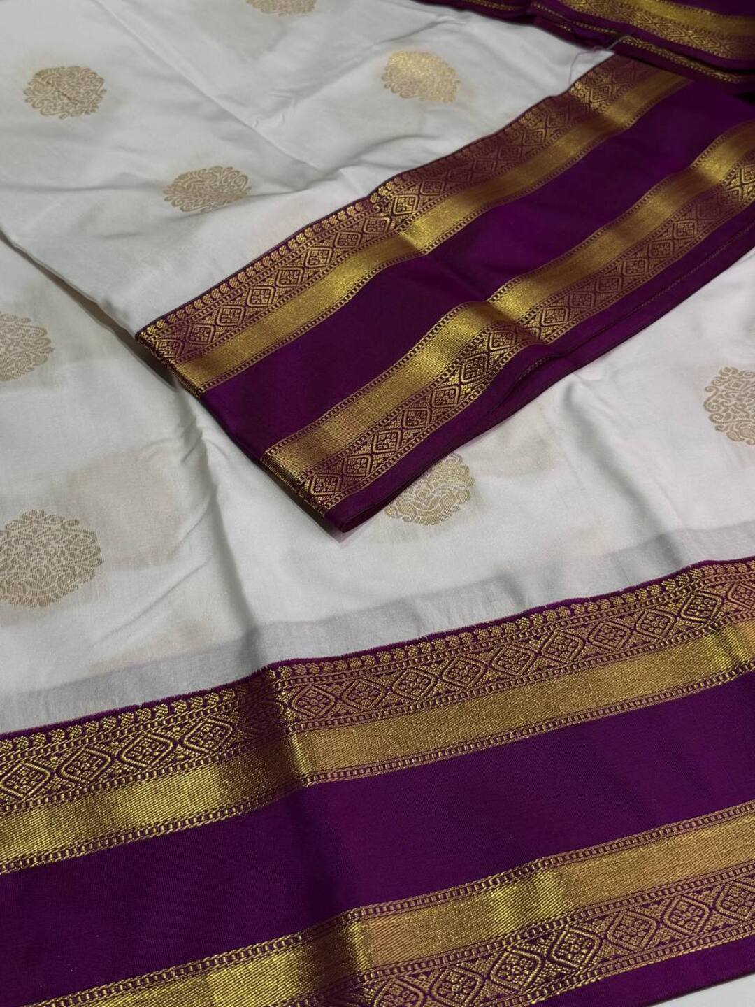 White With Royal Purple  Semi Kanchi Silk Saree