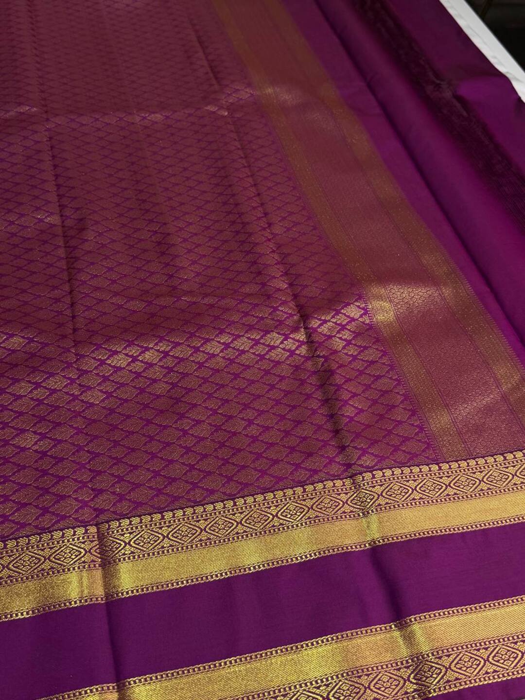 White With Royal Purple  Semi Kanchi Silk Saree