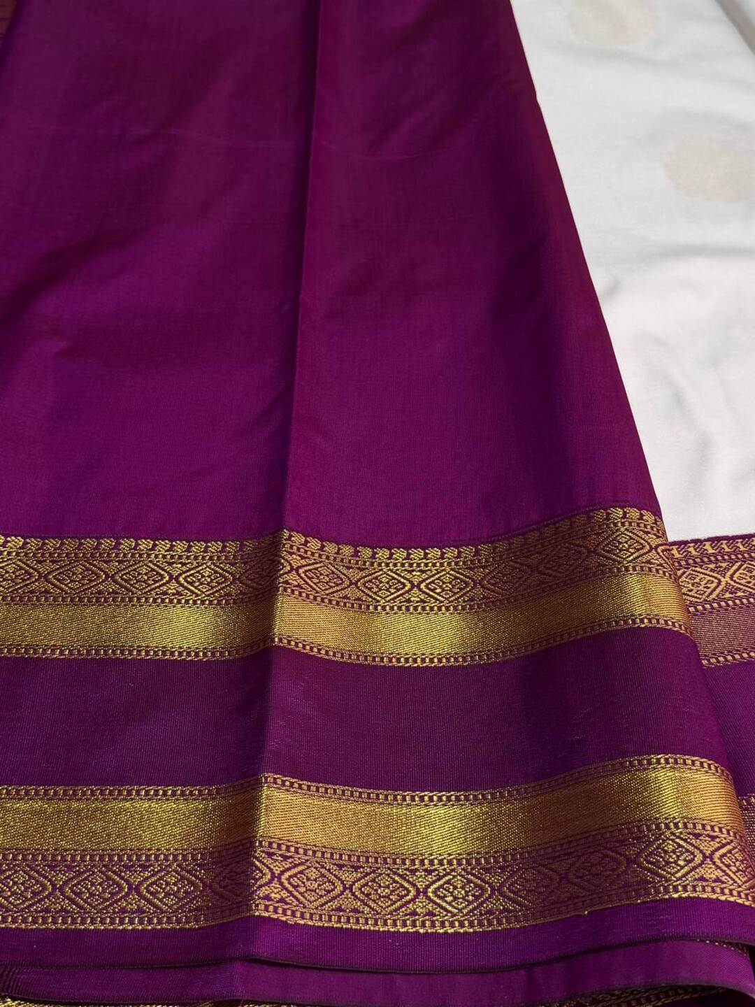 White With Royal Purple  Semi Kanchi Silk Saree
