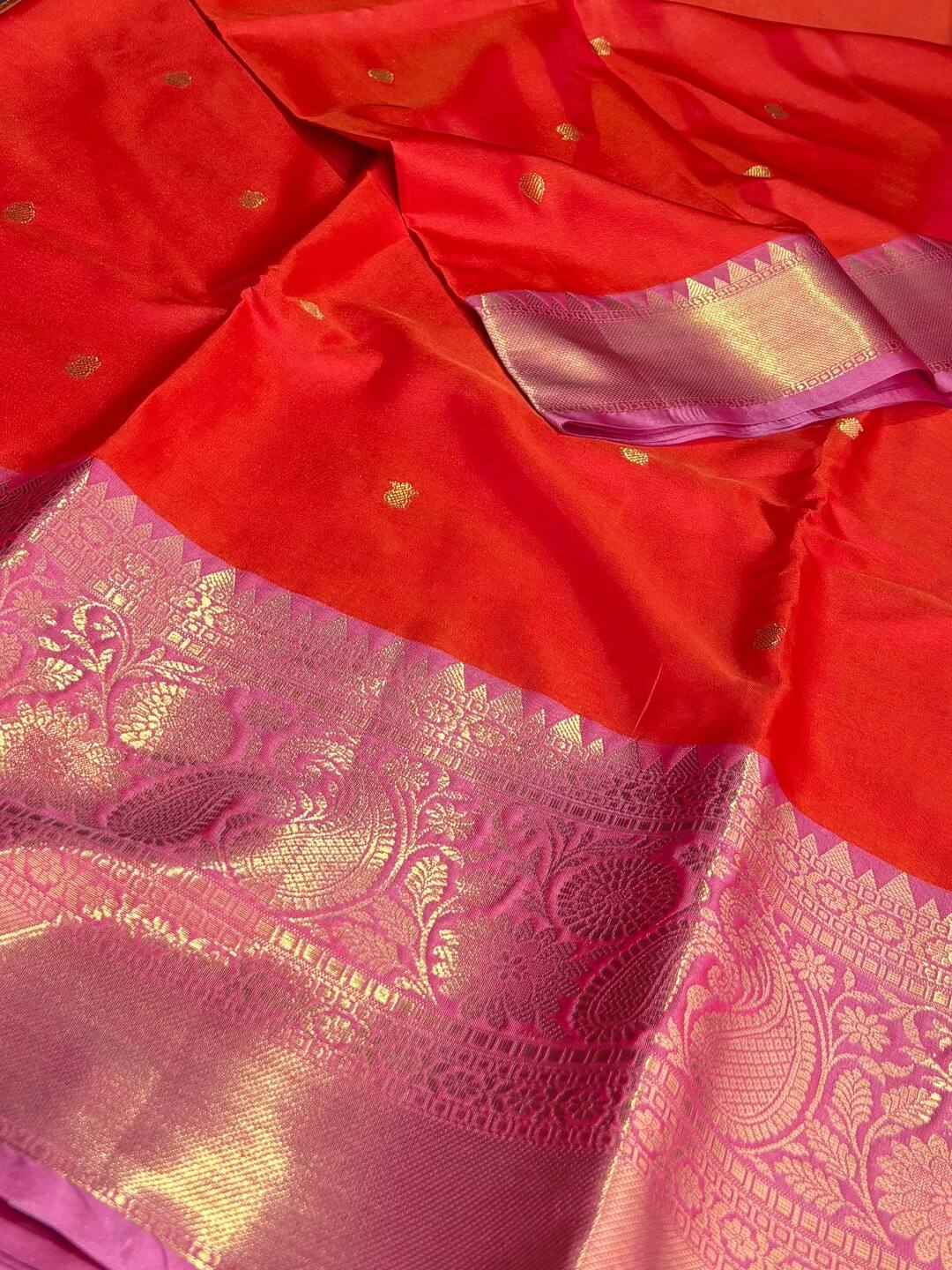 Bright Orange Banaras Cotton Silk Saree